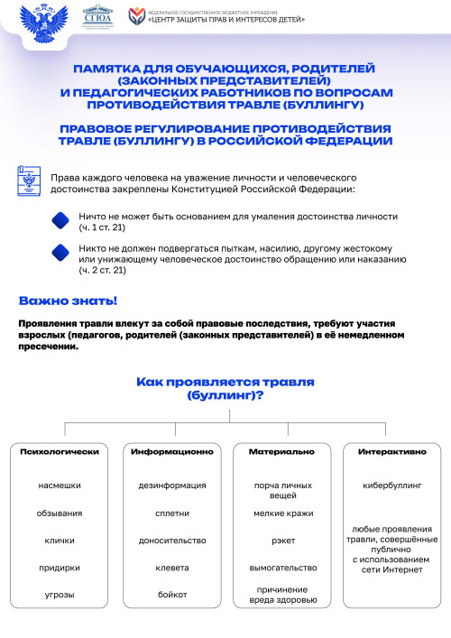 Памятка по вопросам противодействия травле (буллингу)