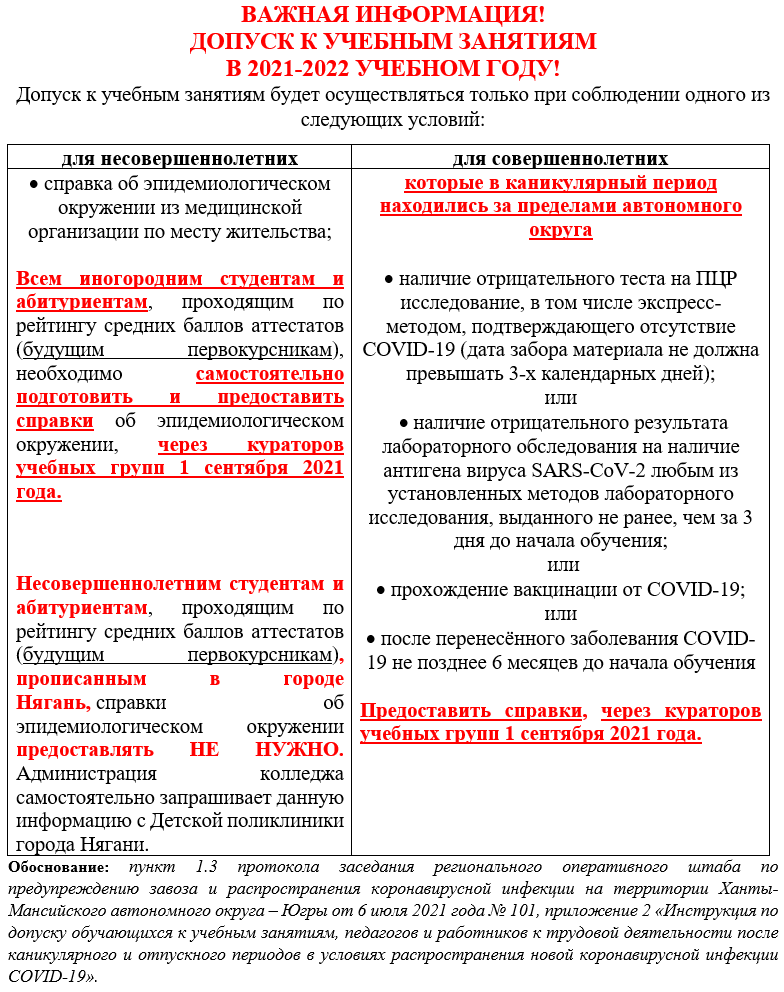 ВАЖНАЯ ИНФОРМАЦИЯ!  ДОПУСК К УЧЕБНЫМ ЗАНЯТИЯМ  В 2021-2022 УЧЕБНОМ ГОДУ!